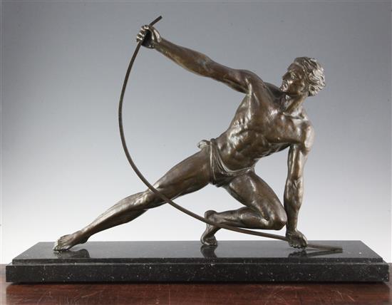 De Roncourt. A bronze figure of a strongman bending an iron bar, W.28.5in. H.20in.